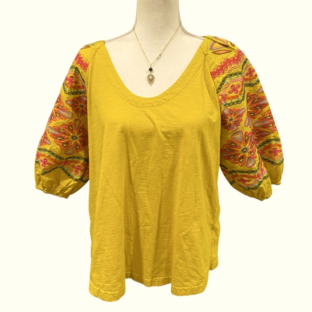 Anthropologie THML Boho Embroidered Puff Sleeve Top